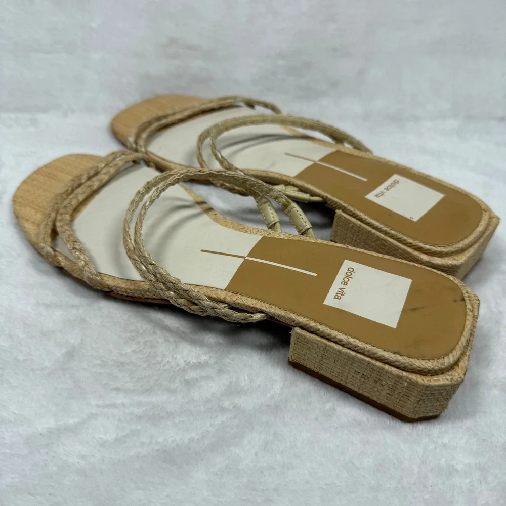 Dolce Vita Paily Braided Raffia Low Block Heel‎ Slide Sandals Tan Womens 8.5